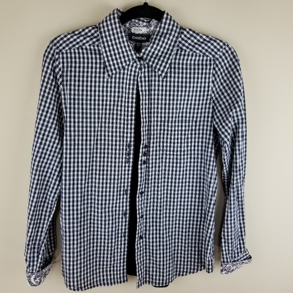 bebe Plaid Black and White Collar Button Blouse S - Picture 7 of 7